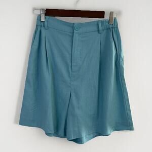 Open Edit High Waisted Linen Blend Womens Teal Pleated Ecuba Shorts Pockets XS